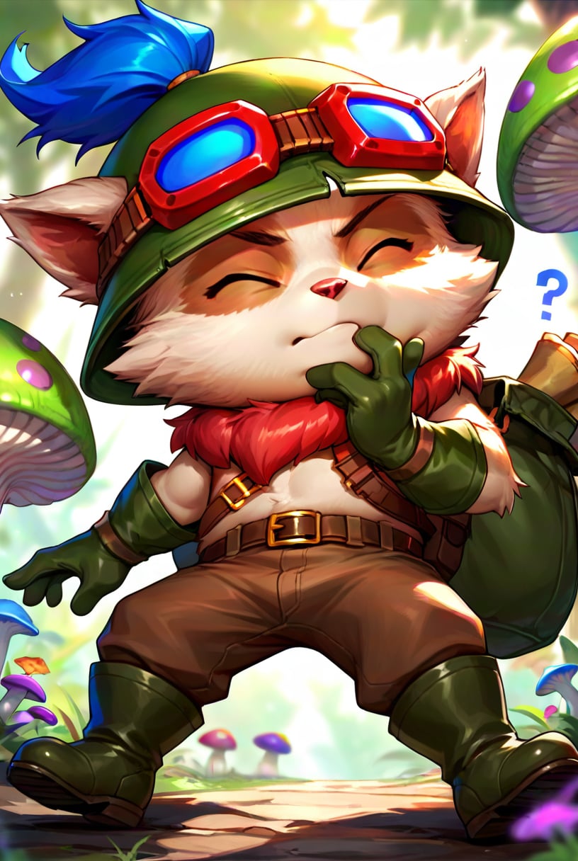 score_9, score_8_up, score_7_up, t33mo, score_9, source_anime, teemo, hat, closed eyes, 1boy, furry, yordle, male focus, goggles, goggles on headwear, brown pants, pants, belt, boots, gloves, green headwear, bag, furry male, mushroom, <lora:Teemo_default_v1:0.75>, confused, stroking own chin