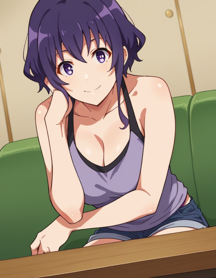 score_9, score_8_up, score_7_up, source_anime, <lora:michiru-hyoudou-s2-ponyxl-lora-nochekaiser:1>, michiru hyoudou, short hair, bangs, purple eyes, purple hair, large breasts,, shorts, short shorts, tank top, denim, denim shorts, cleavage, bare shoulders, collarbone,, indoors, smile, looking at viewer, solo, sitting, head rest, table,, cowboy shot, dutch angle