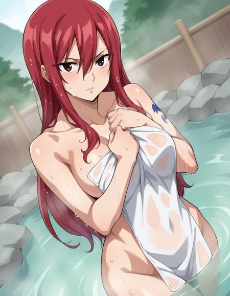 score_9, score_8_up, score_7_up, source_anime,erzascarlet, <lora:erza-scarlet-ponyxl-lora-nochekaiser:1>erza scarlet, long hair, red hair, hair between eyes, brown eyes,nude, naked, outdoors, onsen, towel, naked towel, steam, bathing, nude cover, partially submerged, water, bath, steam censor, wet towel,looking at viewer, dutch angle, cowboy shot