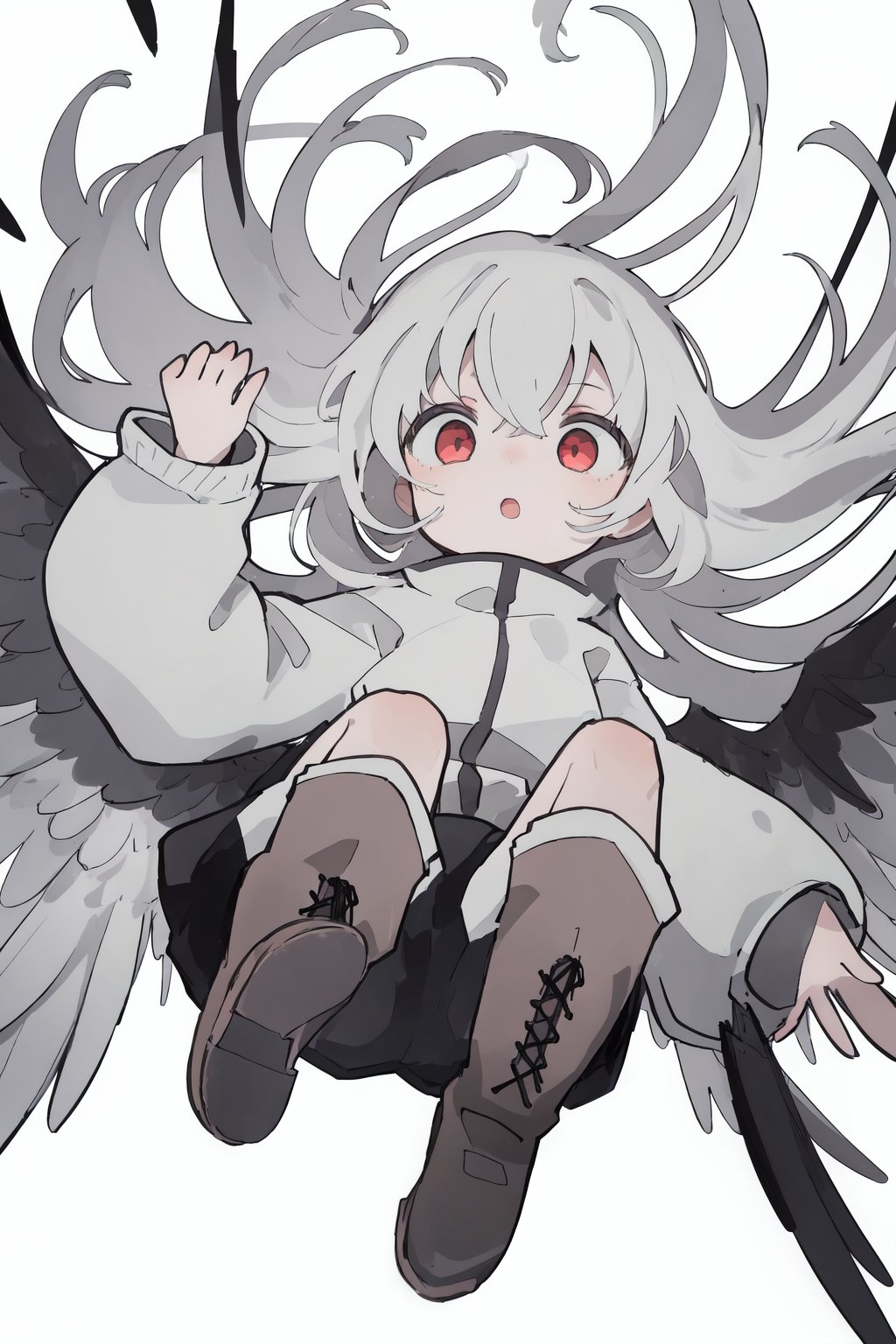 long hair,1girl,red eyes,wings,boots,white hair,falling,shoe soles,white background,solo,long sleeves,floating hair,chibi,