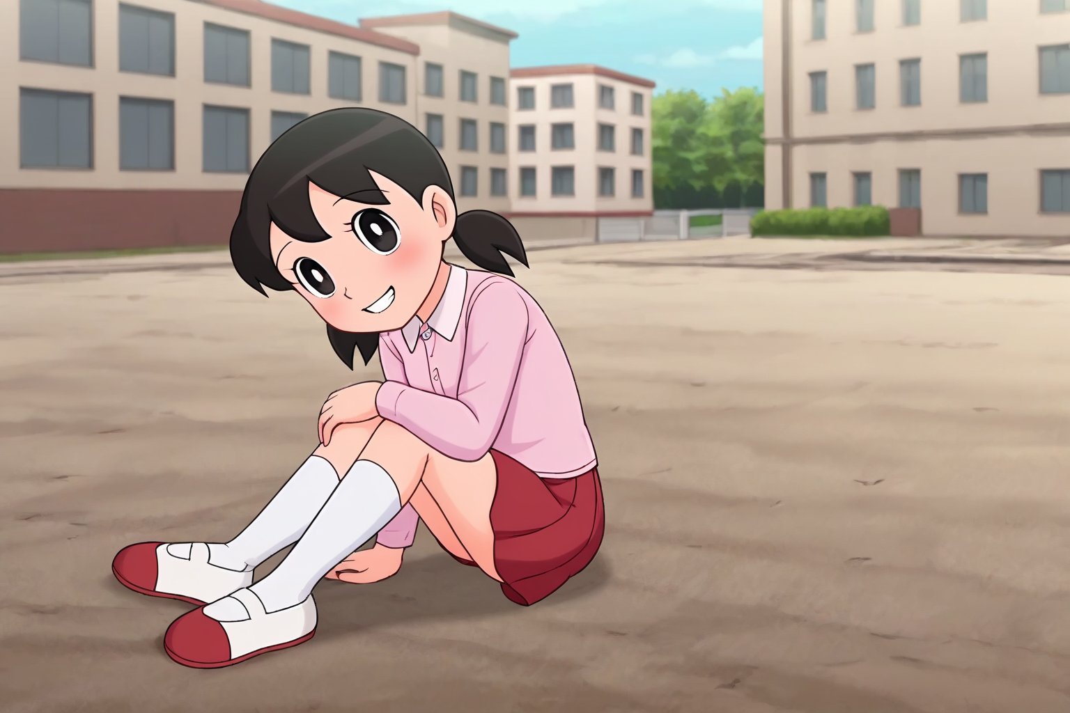 minamoto shizuka,1girl, solo, skirt, twintails, red skirt, black hair, smile, shirt, outdoors, sitting, black eyes, looking at viewer, yokozuwari, bright pupils, low twintails, long sleeves, shoes, pink shirt, white pupils, collared shirt, grin, day, socks, white socks, short twintails, on ground, building, full body, blush, arm support, teeth, sky,masterpiece, perfect face, best quality, beautiful eyes, shiny eyes, anime coloring, anime screencap, absurdres, award winning, <lora:minamoto shizuka nova 906:0.8>