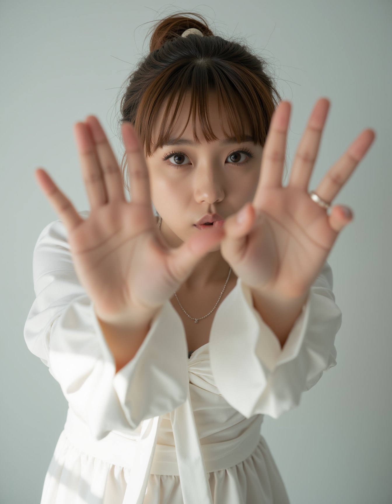 best quality, masterpiece, raw photo of a female in white dress, hands with v symbol forward, pout out, brown hair, fashion accessories, indoor, day time, professional photo, high contrast exposure, soft bokeh, high key light, hard shadow, no bokeh, simple background, white background, cinematic lighting, young woman, accurate depiction of character, correct body anatomy, correct hands and fingers, extremely realistic lighting. Extreme dynamic pose, lifelike portrayal.