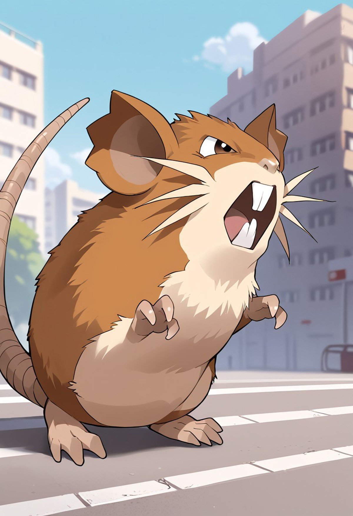 (source_anime, score_9, score_8_up, score_7_up:1), solo male, raticate, feral, looking to the side, outdoors, busy cityscape