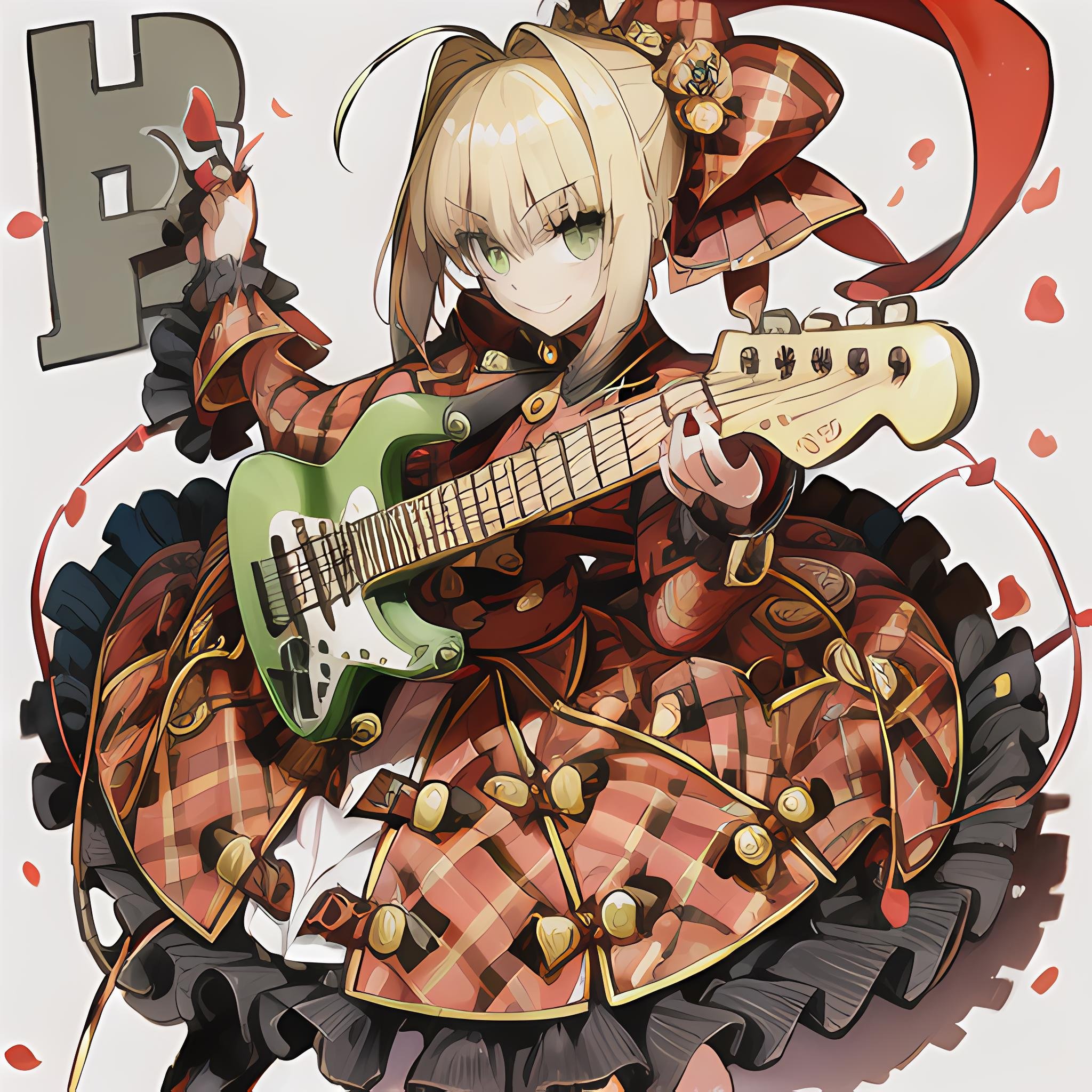 Nero Claudius, 1girl, solo, long hair, looking at viewer, blush, smile, skirt, shirt, long sleeves, dress, bow, hair between eyes, ponytail, hair bow, boots, frills, nail polish, black footwear, plaid, petals, hair intakes, instrument, red nails, guitar, electric guitar, plectrum, <lora:Nero_Claudius-24:0.8>