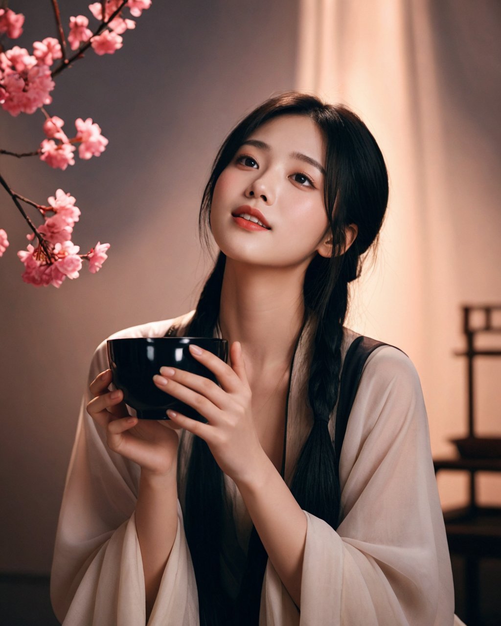 a chinese girl among flowers,beard,((open arms)),hold up his head,drinking from a small black porcelain cup,bold crazy excited passionate expression,laughing,((opened black cloth)),from below,detailed face,c,warm tone,afternoon,ethereal atmosphere,evocative hues,captivating coloration,dramatic lighting,enchanting aura,masterpiece,best quality,epic cinematic,soft nature lights,rim light,amazing,hyper detailed,ultra realistic,soft colors,photorealistic,Ray tracing,Cinematic Light,light source contrast,ananmo,ink paniting,traditional chinese ink painting,