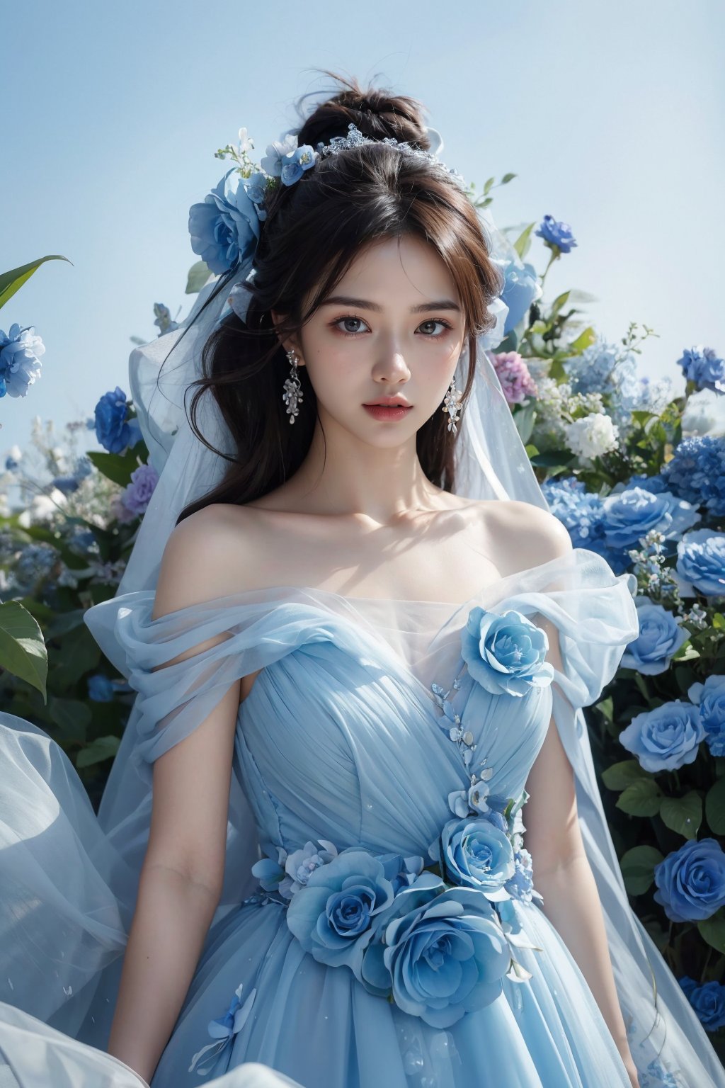 photorealistic,realistic,photography,masterpiece,best quality,ultra-detailed,extremely detailed CG unity 8k wallpaper,(reality: 1.4),1girl,solo, standing,black hair,long hair,hair ornament,looking at viewer,solo,looking at viewer,brown hair,black hair,hair ornament,bare shoulders,jewelry,collarbone,earrings,hair flower,hair bun,any blue flower garden in a studio,blue flower dress, <lora:JAY - BLUE FLOWER DRESS:0.8>, (best quality:1.3)