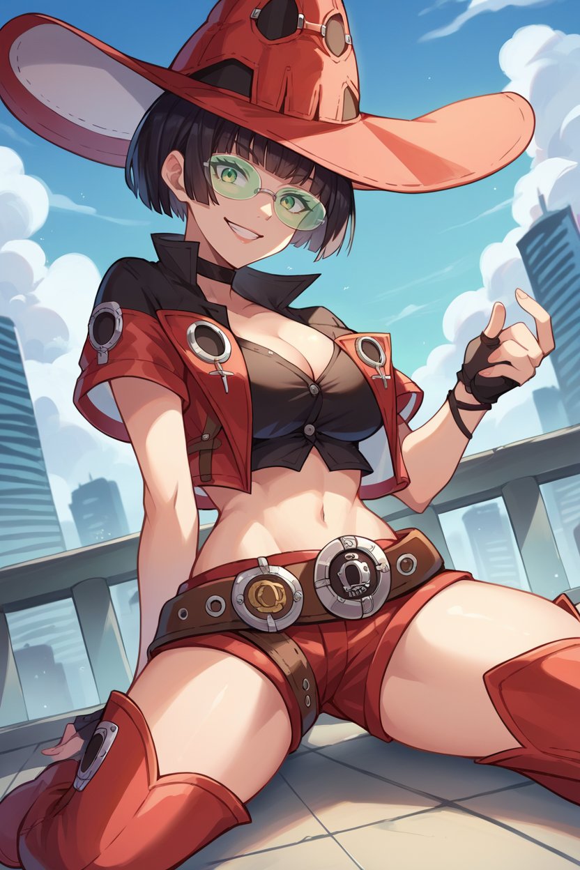 score_9, score_8_up, score_7_up, score_6_up, source_anime, 1girl, solo <lora:ggino-pdxl-nvwls-v1-000005:1> striveIno, black hair, green eyes, red hat, choker, tinted eyewear, red jacket, short sleeves, black shirt, short shorts, clothing cutout, midriff, belt, fingerless gloves, thigh boots, large breasts, sitting, on ground, knees, spread legs, looking at you, smile, from below, ledge, cityscape