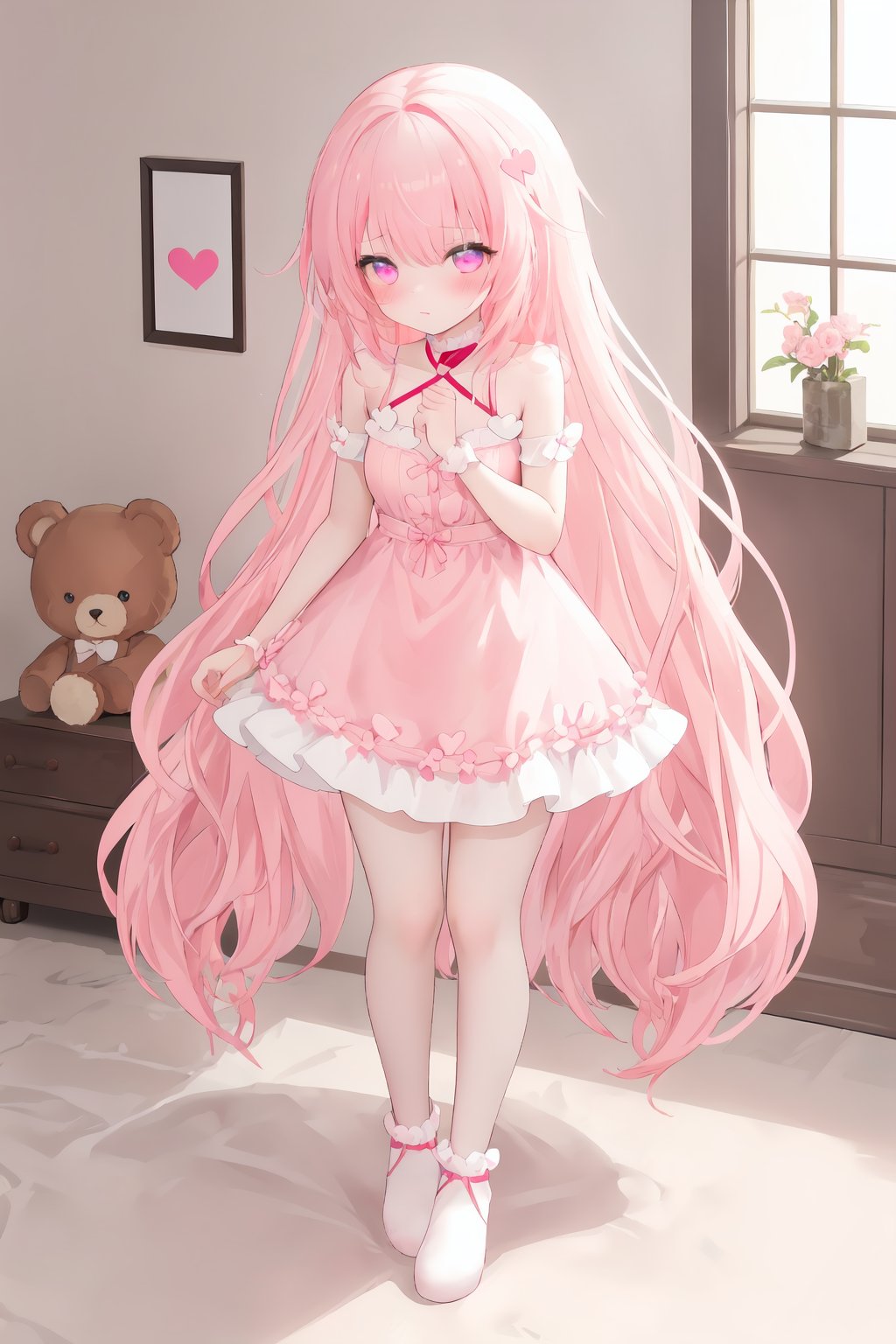 1 girl, light pink hair, beautiful light pink fluffy hair, fluffy long hair, fluffy hair, long hair, beautiful light pink hair, beautiful light pink eyes, cute thin pink eyes, a pink dress with lots of hearts, a cute pink dress, a pink dress with lots of cute hearts, a cute pink dress, blushing and shy, cheeks She is blushing, the background is a room with lots of teddy bears, a room with lots of cute teddy bears, pastel colors, full body standing, cute standing, cute