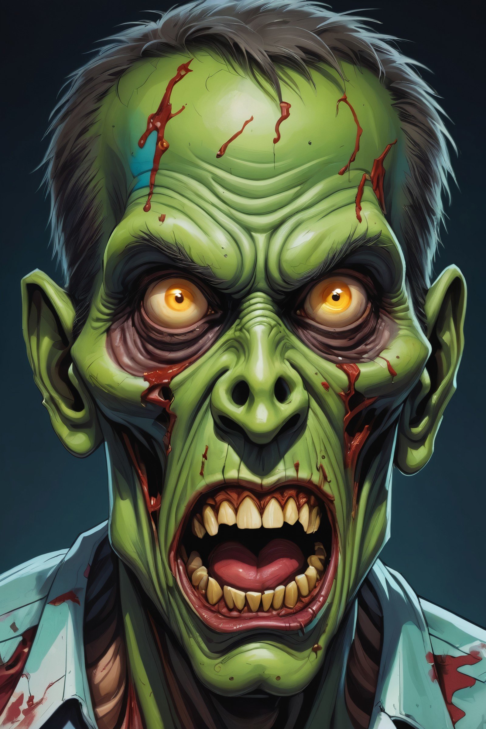 drawing of a zombie (scary) in the style of vibrant caricatures, textural brushwork, shadowy intensity, strong facial expression, gestural brushwork, agja clack, comic book style, colorful