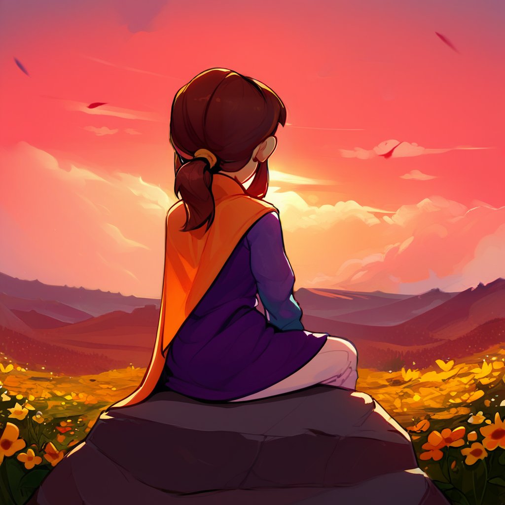 <lora:hatkid:1>,1girl,solo,hat-kid,brown hair,sidelocks,ponytail,purple top hot,purple dress,yellow cape,white pants,facing away,from behind,flower field,sitting on rock,arm support,sunset,cloudy sky,red sky,, score_9, score_8_up, score_7_up, perfect anatomy, source_anime, zPDXL2,