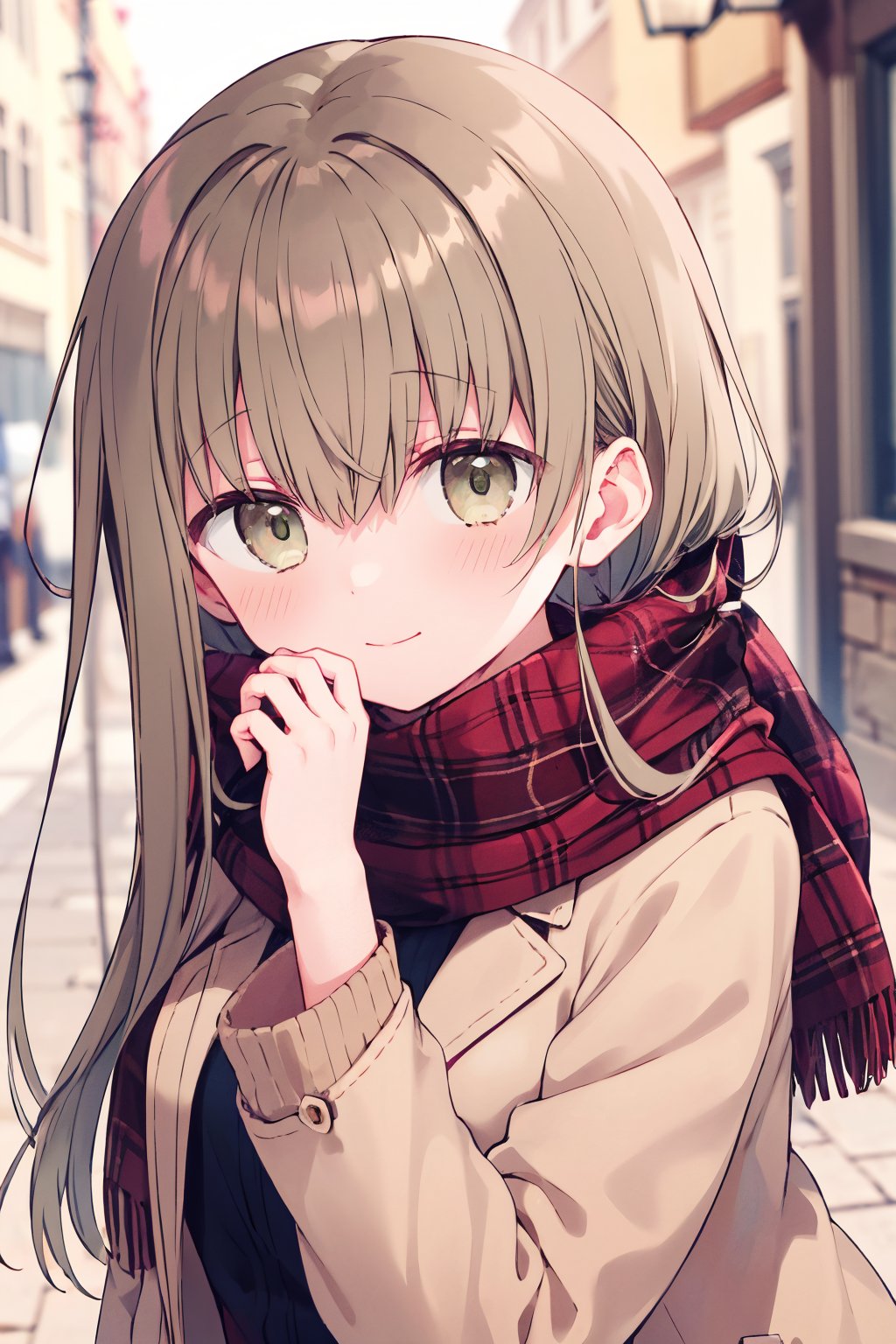 1girl, cecilia \(shiro seijo to kuro bokushi\), official art, blush, smile, heart, red scarf, eyebrows visible through hair, plaid scarf, long sleeves, looking at viewer, ribbed sweater, green hair, green eyes, closed mouth, solo, blurry background, upper body, sleeves past wrists, grey sweater, hand up, breath, hair between eyes, brown coat, brown jacket, depth of field, turtleneck sweater, open jacket, very long hair, open coat, brown eyes, black sweater, solo, turtleneck, pov, fingernails, enpera, head tilt, hand on own face, brown sweater, hand on own cheek, fringe trim, blonde hair, brown hair, winter clothes, outdoors, street<lora:cecilia_shiro_seijo_locon_v1:0.9>