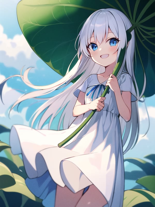 masterpiece, best quality, 1girl,leaf umbrella,leaf,white hair,long hair,straight hair,blue eyes,smile,bangs,white dress,standing,outdoar, <lora:leafumbrella:1:NP>