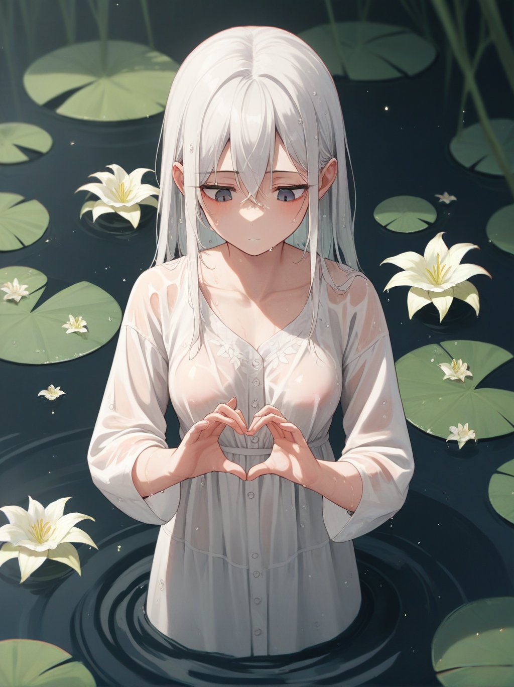 score_9, score_8_up, score_7_up, score_6_up, source_anime, <lora:linen_dress_v0.1-pony:1> 1girl, linen dress,white hair,partially submerged, swamp, sunbeam, reflective water, light particles,  wet, see-through, upper body,  breasts, no bra, lily \(flower\), floating hair, looking down, cupping hands, 