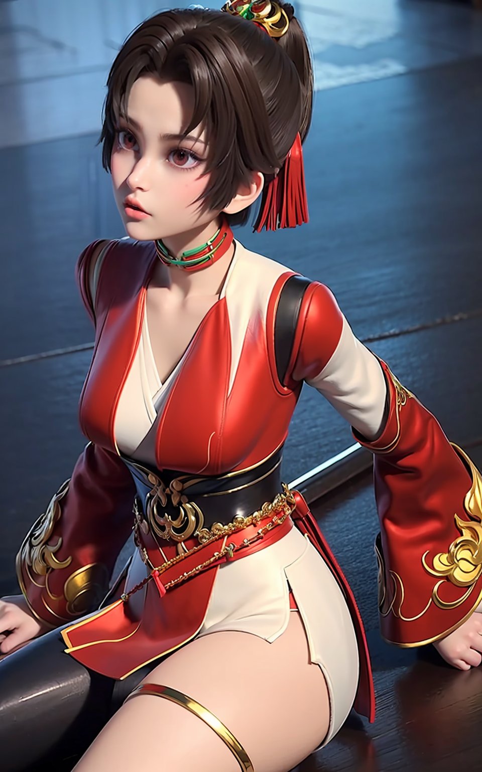 hair ornament,short hair,choker,jewelry,long sleeves,sash,thighhighs,chinese clothes,red and white,<lora:yun:1>,full body,, (masterpiece, best quality, high quality, highres:1.2),8k,detail,CG,3d,
1girl,solo,pale skin,
detailed shadow,(glossy),(shiny skin),