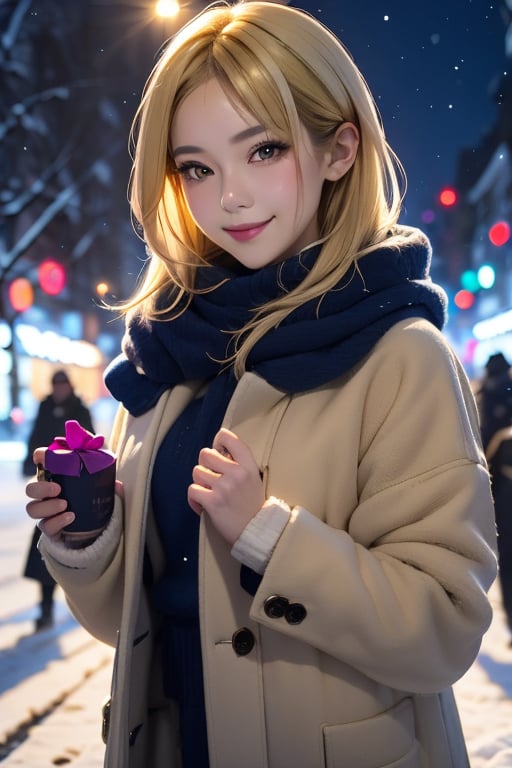 masterpiece,best quality,1girl,shiny skin,cinematic lighting,medium breasts,looking at viewer,messy hair,blonde hair,yellow eyes,solo,autumn,outdoors,smile,(a pale flush, alive skin),winter,ribbed,walking,city,shopping,dynamic angle,close-up,ultra-detailed,8k,rtx,ambient occlusion,rim lighting,bustling,a fashion influencer,winter outfit,snowy,winter,cold,Muffler,(The streets at night were all in the Christmas spirit.),(make a dent in one's impression.),