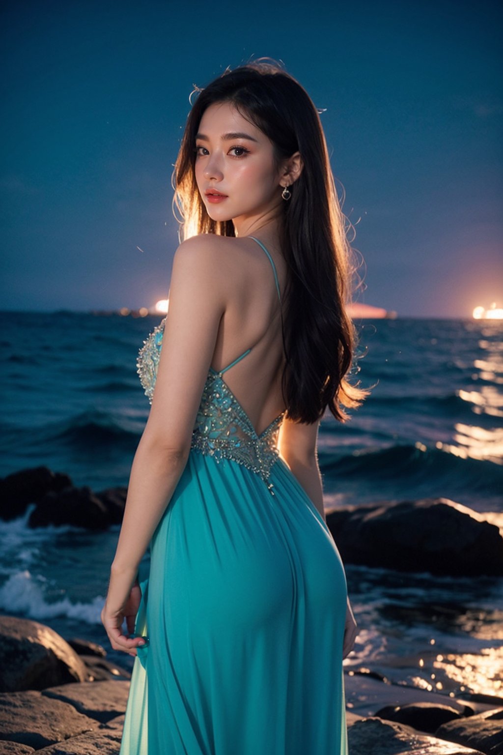 In this panoramic scene,the woman on the rocky beach at night turns to look back towards the viewer,creating a moment of connection. Her face is detailed and clear,illuminated by the soft,ethereal glow of the bioluminescent light reflecting off her gown and the surrounding beach. The gown,with its long train transitioning from royal blue to vibrant teal,flows elegantly around her,mimicking the ocean's colors in the night. The backdrop features the vast sea meeting the star-filled sky at the distant horizon,symbolizing the infinite. This turning pose adds a dynamic element to the scene,as if she's momentarily pausing to share a glance with the observer,against the magnificent backdrop of nature's night-time beauty,where the sea and sky become one.,