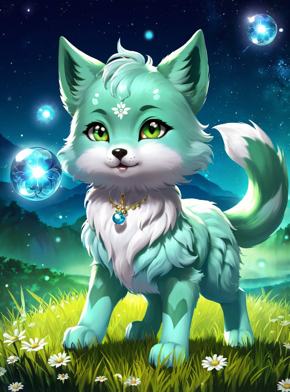 {best quality}, {{masterpiece}},(Extremely gorgeous magic style),grassland,fantasy,solo,highlights,{legendary wolf},{{{detailed anime cat,fox,wolf,dog,{{anime eyes}},{{anime style}},cute,furry,mascot,magic,Chibi,{{flower wing}},jewelry,{light green skin},floating magic ball}}}