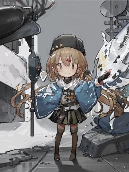 fairy \(kancolle\), tashkent \(kancolle\), 1girl, solo, hat, fur hat, skirt, thigh boots, blue shawl, black skirt, torn scarf, fingerless gloves, papakha, jacket, pantyhose, scarf, boots, gloves, white scarf, white jacket, black footwear, shawl, thighhighs, red shirt, black headwear, black gloves, full body, shirt, grey background, looking at viewer, untucked shirt, ribbon trim, two-tone background, black bow, smile, star \(symbol\), closed mouth, simple background, anchor necklace, bow, long sleeves, belt, standing, blush, pleated skirt, black belt, original, intricate detail, illustration, masterpiece, extremely detailed CG unity 8k wallpaper, highlight, sharpening, dynamic, <lora:Fairy-3:0.8>, <lora:Tashkent-3:0.8>