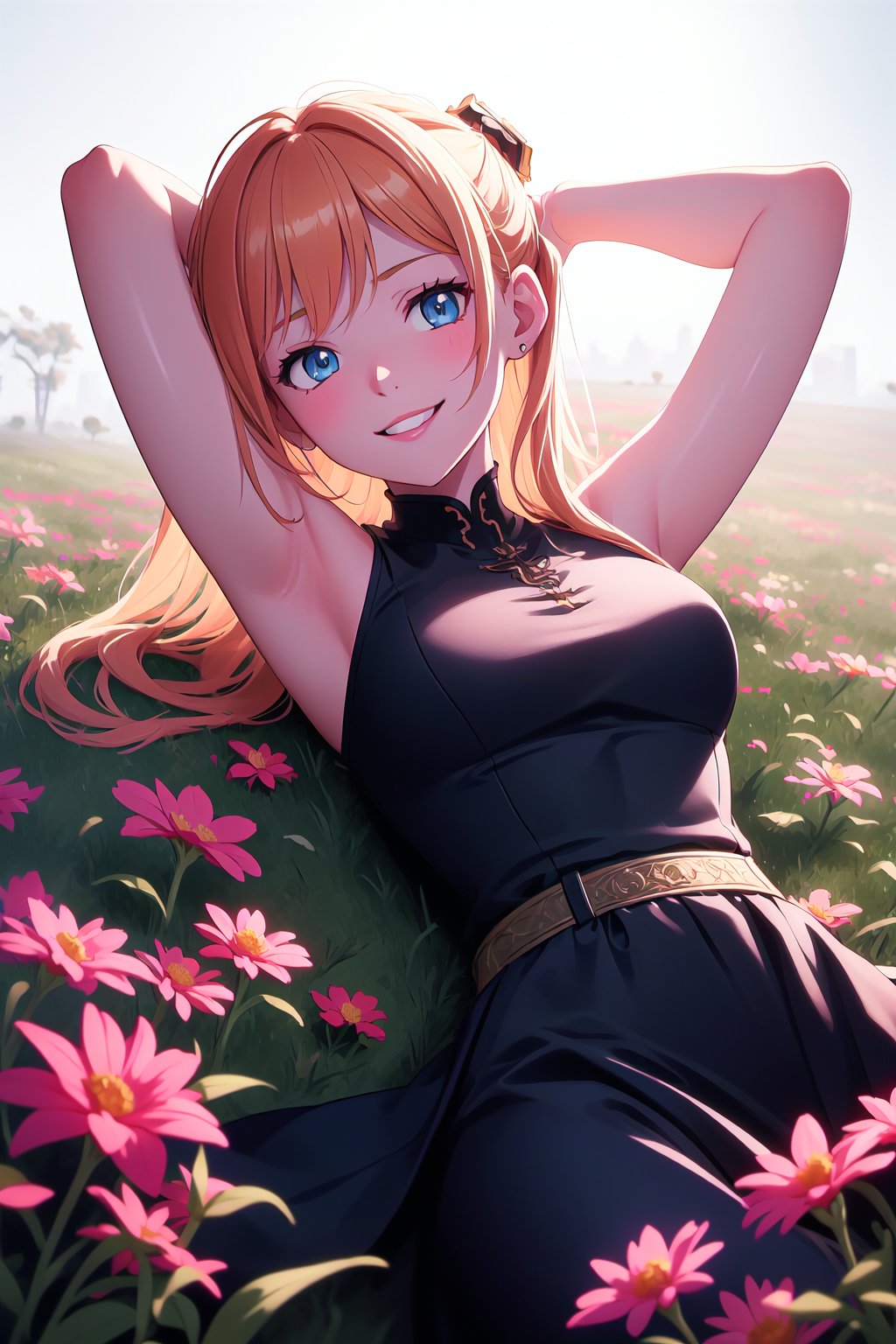 1 beautiful girl, 20yo, long red-blonde hair,  blue eyes, smile, (lies on her back in a flower meadow), her arms folded behind her head(masterpiece:1.2), (best quality:1.2), newest, ai-generated, ultra-detailed, best shadow, detailed background, high contrast, (best illumination, an extremely delicate and beautiful), ((cinematic light)), hyper detail, dramatic light, intricate details, 8k, anime, very aesthetic,