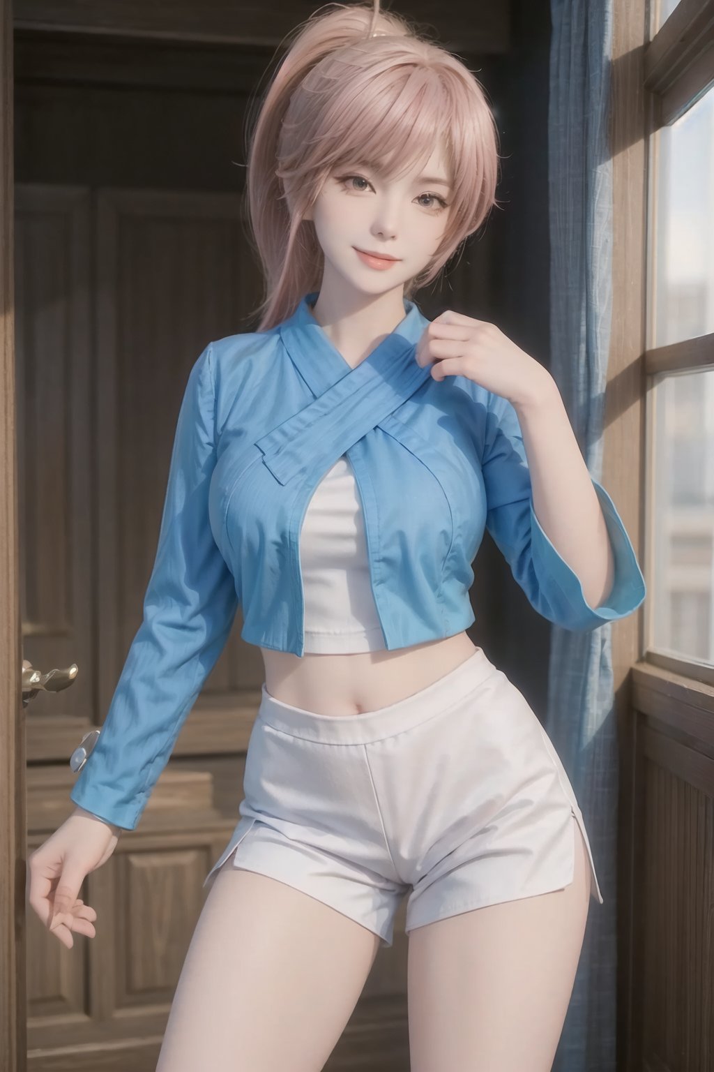 best quality,Best quality,masterpiece,ultra high res,(photorealistic:1.4),raw photo,1girl,solo,jxm,stand,school,pink hair,opaque,delicate face,long legs,whole body,smile,Supergiant huge breasts,high ponytail,ponytail,<lora:face-完美脸型2:0.3>,<lora:face-阿又:0.2>,<lora:hairdetailer:1>,<lora:jxm01:0.7>,