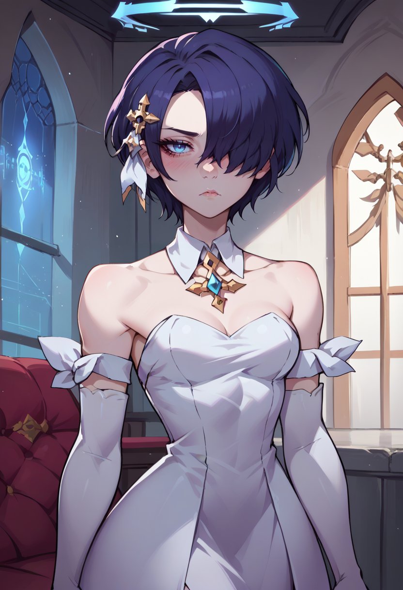 score_9, score_8_up, score_7_up, source_anime, solo, 1girl, htarchangel, blush, expressionless, looking at viewer, hair over one eye, halo, white dress, strapless dress, white gloves, elbow gloves, indoors <lora:helltaker_archangel_ponyXL:1>