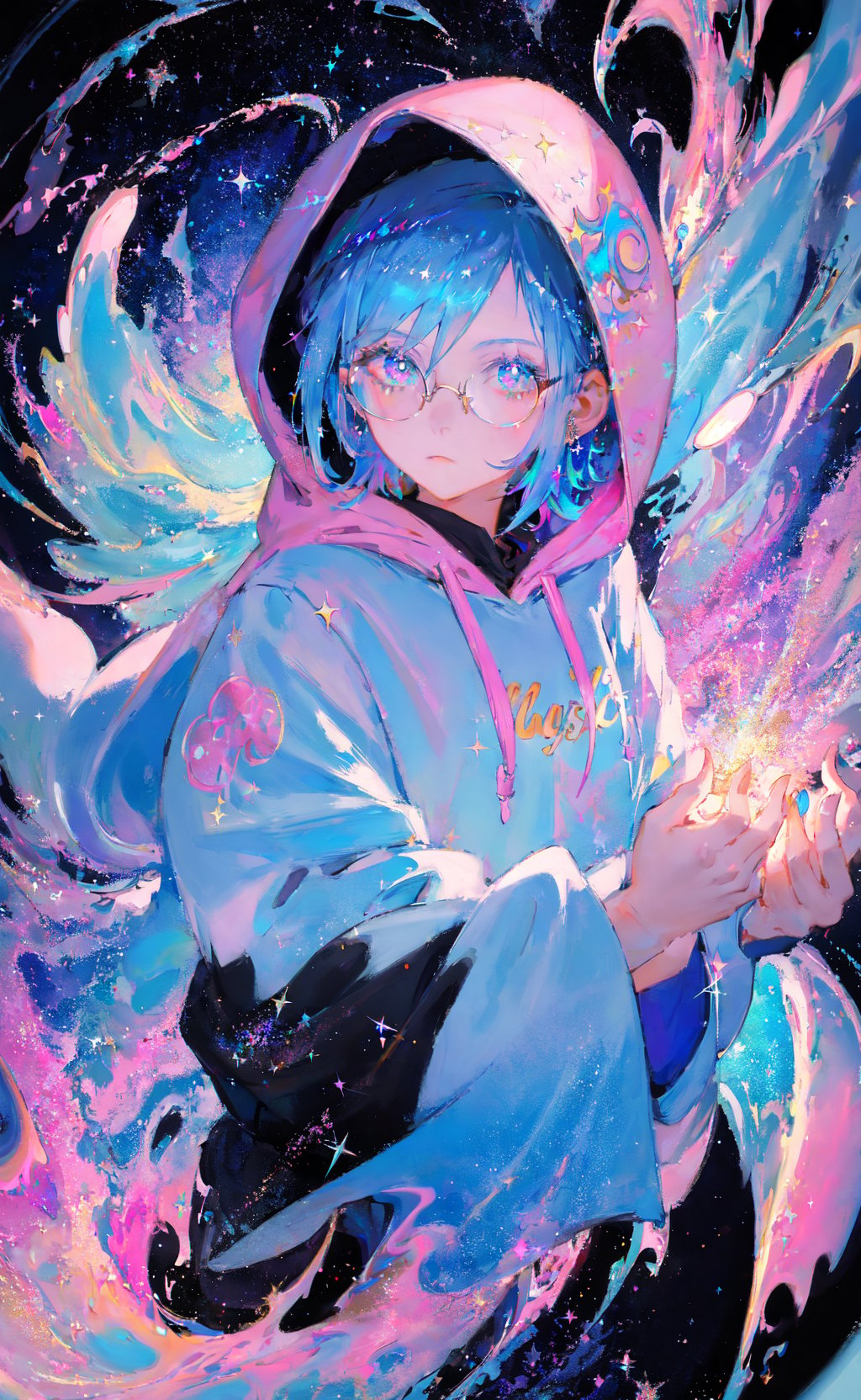 masterpiece, best quality, 1girl, blue hair, medium hair, hoodie, hood up, glasses, jewelry dynamic, colorful, cloudy sky, sparkle, sparkling, glitter, glittering, iridescent, swirl, swirling, abstract, expressive