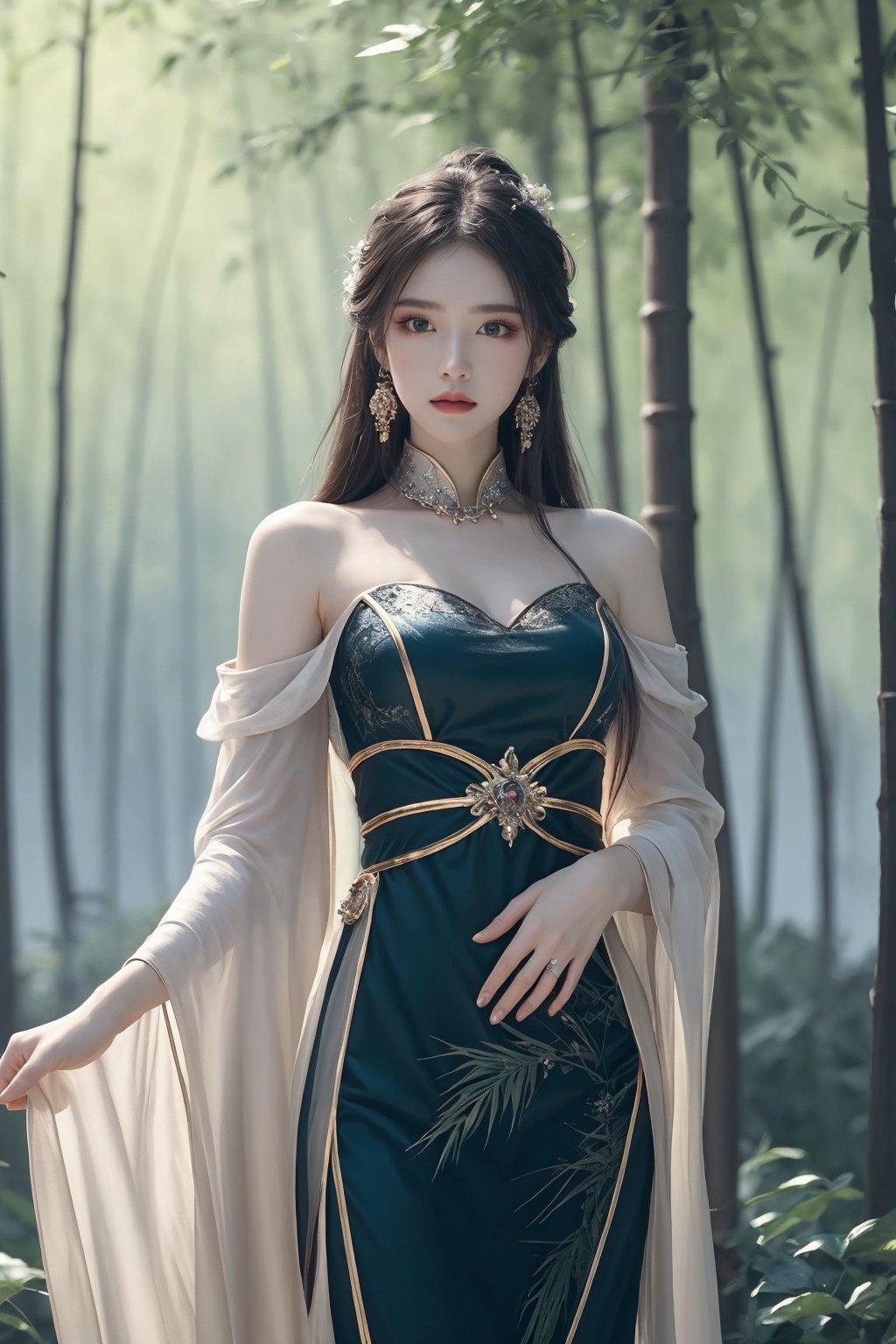 1girl, bamboo, bare shoulders, bare tree, blurry, blurry background, blurry foreground, branch, breasts, chinese clothes, depth of field, dress, earrings, forest, green eyes, jewelry, leaf, long hair, long sleeves, looking at viewer, makeup, nature, palm tree, parted lips, plant, solo, standing, tree, wide sleeves <lora:天穹1.0:0.8>