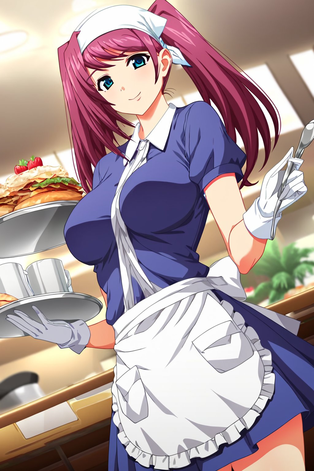 score_9, score_8_up, score_7_up, score_6_up, score_5_up, score_4_up, source_anime, nijigaya hisane, teen, teenager, long hair, large breasts, blue eyes, purple hair,twintails, smile, apron, blue shirt, blue skirt, frilled apron, frills, gloves, head scarf, shirt, short sleeves, skirt, uniform, waist apron, waitress, white apron, white gloves, food, tray, food tray, indoors, restaurant, looking at viewer, dutch angle, cowboy shot,masterpiece, perfect face, best quality, beautiful girl, (blurry background), cute girl, beautiful eyes, shiny eyes, absurdres, anime coloring, anime screencap, <lora:nijigaya hisane pony 802:1>, <lora:ALTXL_pony_0061_8:1>