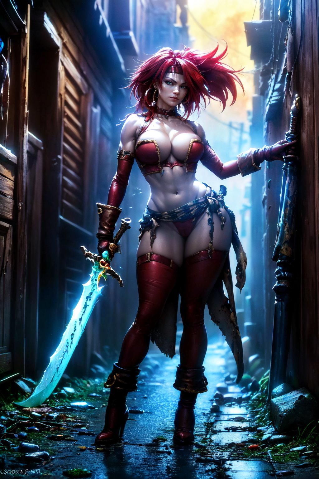 (((upper body, a woman standing in a rotten alley, dynamic fighting pose, holding 2 dagger on hilt, in an old cost town, explosions, lots of debris )))  beautiful eyes, beautiful girl, high detail skin, high detail eyes, high detail hair, highres, ultra detailed, sharpen picture, Highly detailed, masterpiece, best quality, photorealistic,    <lora:RedMonikav2LoRA:1> ((redmonika, headband, jewelry, green eyes, red skimpy armor, gloves, panties, boots, waist scarf))