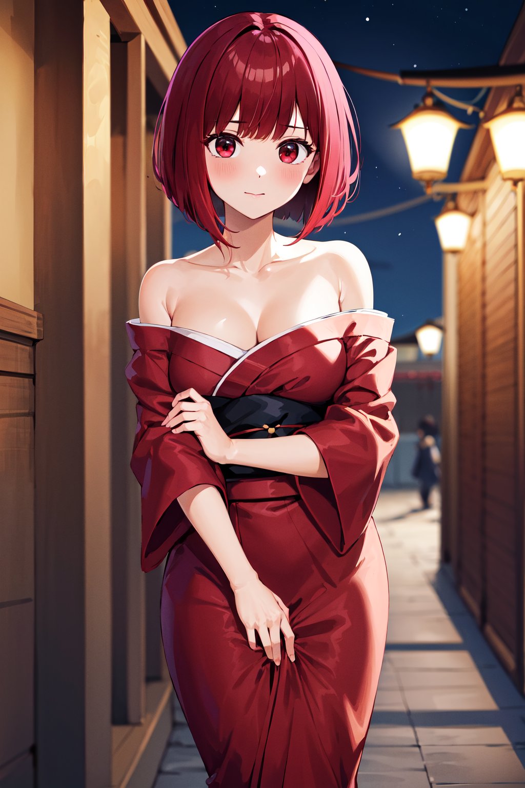 masterpiece, best quality, highres, aakana, short hair, red eyes, <lora:arima_kana_v1:0.7>, yukata, kimono, off shoulder, strapless, summer festival, night, standing, 