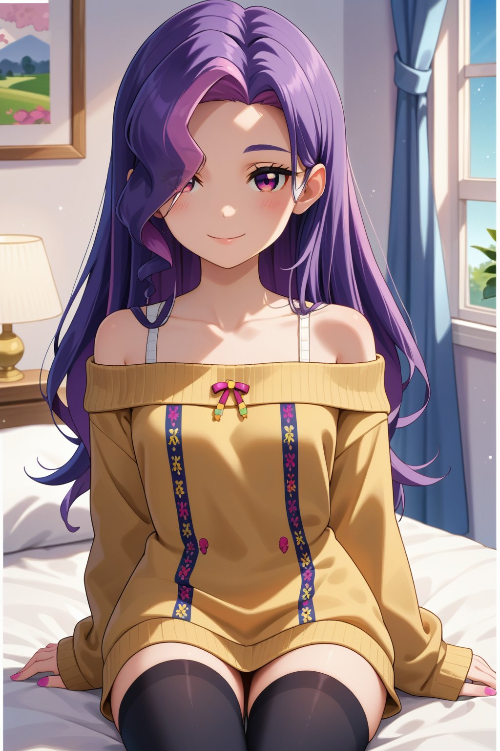 score_9, score_8_up, score_7_up, 1girl, hiragim, purple hair, purple eyes, multicolor_hair, long hair, hair ove one eye,, smile, looking at viewer, sweater, thighhighs, yellow sweater, black thighhighs, off shoulders, off-shoulders sweater, looking at viewer, blush, sweater dress, long sleeves, bare shoulders, collarbone, :o, pink nails, dress, zettai ryouiki, sleeves past wrists, white border, indoors, bedroom, window, courtains, lamp<lora:EMS-467752-EMS:0.800000>