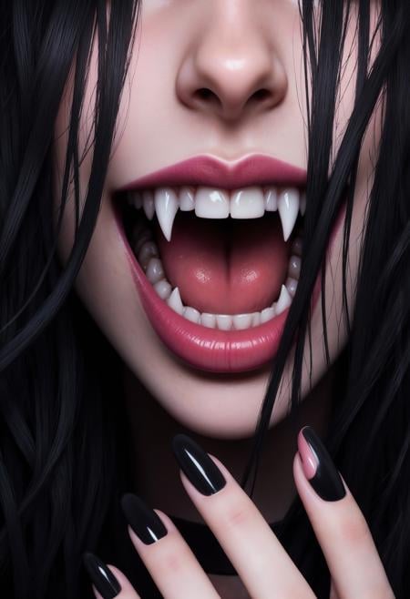 fangs, 1 girl, teeth, black hair, black nails, open mouth, tongue, fingernails, portrait, close-up, fangs, lips<lora:FluxF4ngs:1> <lora:ImageUpgraderV2:1> <lora:FluxMythP0rtr4itStyle:0.8> <lora:realism_lora:0.8>