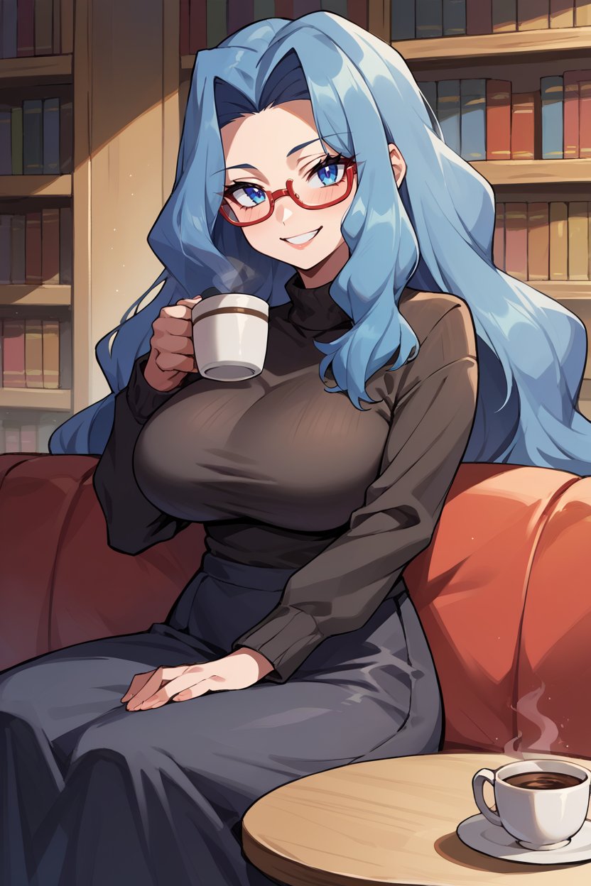 score_9, score_8_up, score_7_up, score_6_up, source_anime, BREAK 1girl, solo <lora:pkmnkaren-pdxl-nvwls-v1-000005:1> pkmnKaren, very long hair, blue hair, black sweater, red glasses, black skirt, looking at you, sitting, couch, happy, bookshelf, big breasts, table, coffee, holding coffee