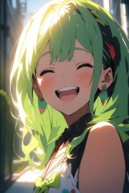 <lora:nijipretty_20230624235607:1.2>,1girl, solo, closed eyes, open mouth, jewelry, earrings, smile, green hair, blush, bangs, portrait, facing viewer, bow, :d, ^_^, teeth, bare shoulders