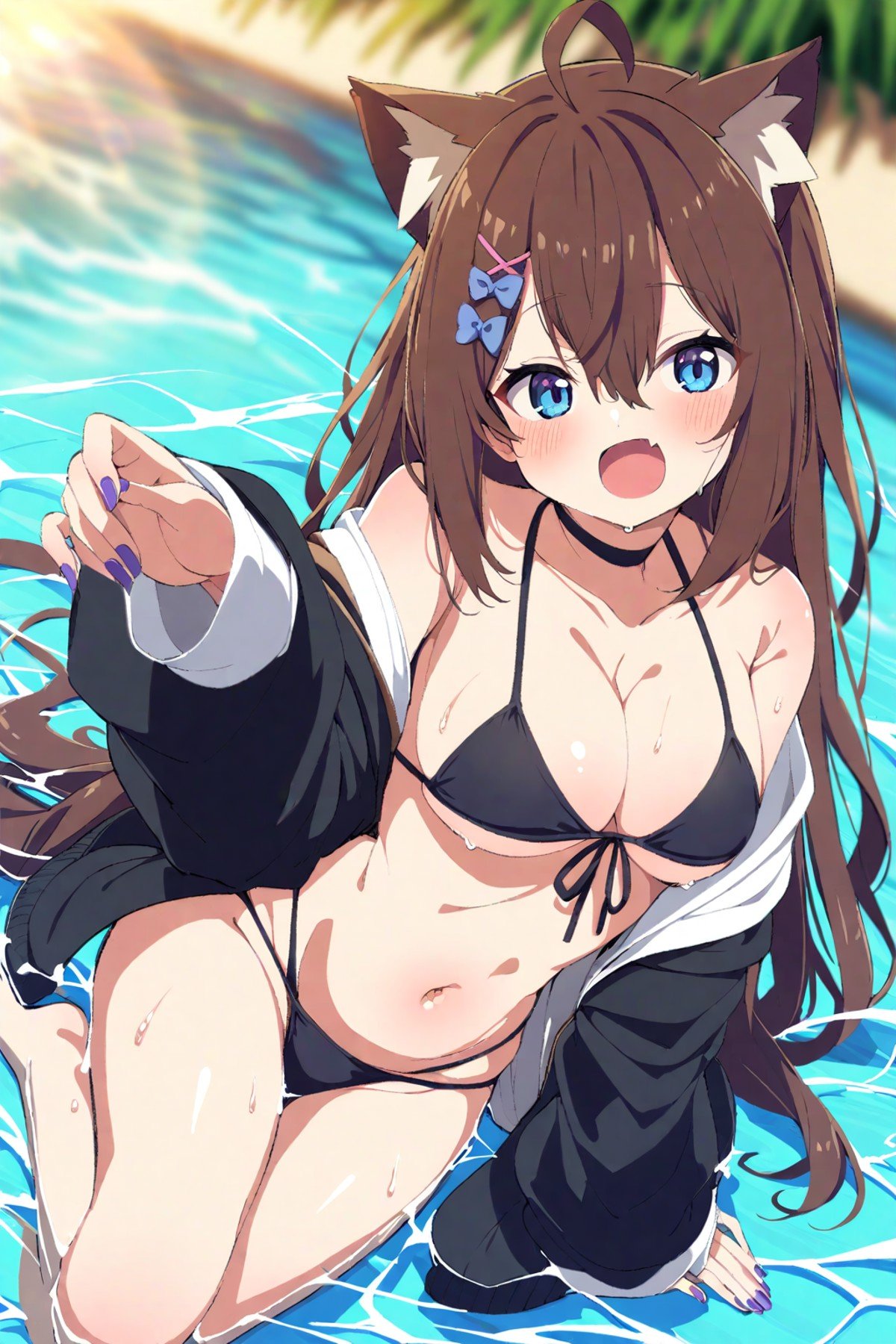 masterpiece,<lora:siro2XL:1>,1girl, swimsuit, bikini, breasts, solo, blue eyes, hair ornament, long hair, black jacket, jacket, animal ears, open jacket, flower, open clothes, black bikini, navel, smile, medium breasts, nail polish, ahoge, looking at viewer, water, brown hair, open mouth, off shoulder, long sleeves, sitting, fang, choker, purple nails, wet, cleavage, bangs, bow, :d, hair between eyes, black choker, sleeves past wrists, cat ears, puffy long sleeves, tail, x hair ornament, front-tie top, front-tie bikini top, hair bow, puffy sleeves, blush, hairclip, bare shoulders, very long hair