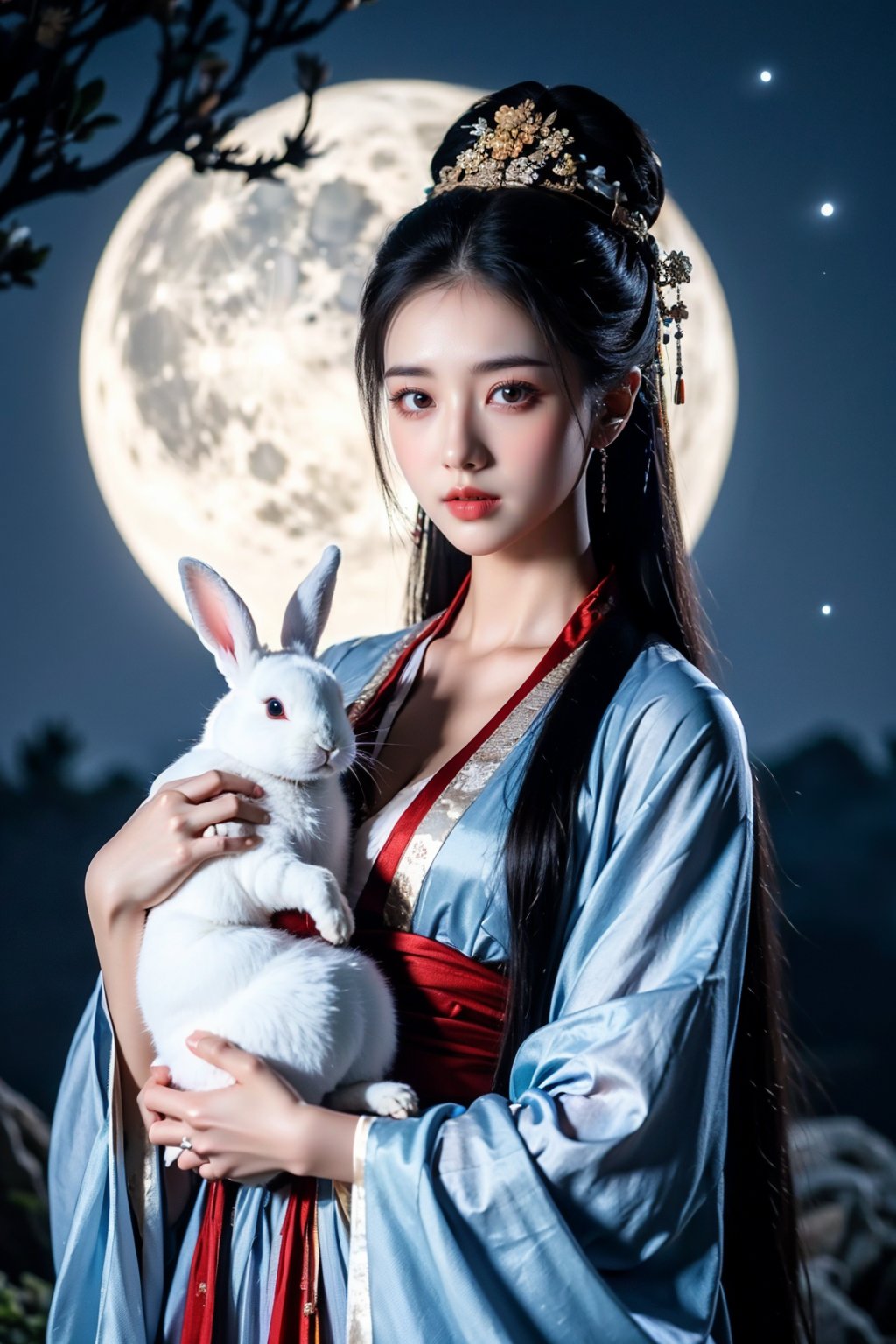 cka01,1girl,holding animal,moon,rabbit,night,hair ornament,full moon,black hair,hanfu,chinese clothes,sky,upper body,solo,night sky,looking at viewer,long sleeves,outdoors,tree,wide sleeves,black eyes,flower,dress,very long hair,<lora:cy01:0.8>,, best quality, ultra-detailed, masterpiece, finely detail, highres, 8k wallpaper