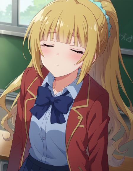 score_9, score_8_up, score_7_up, source_anime, keikaruizawa, <lora:kei-karuizawa-anime-s2-ponyxl-lora-nochekaiser:1>, kei karuizawa, long hair, bangs, blunt bangs, blonde hair, shirt, hair ornament, ponytail, scrunchie, blue scrunchie,skirt, shirt, bow, school uniform, jacket, red jacket, pleated skirt, bowtie, sweater, blue bow, blue shirt, indoors, classroom, <lora:incoming-kiss-ponyxl-lora-nochekaiser:1>, incoming kiss, blush, closed eyes,looking at viewer, cowboy shot, dutch angle,