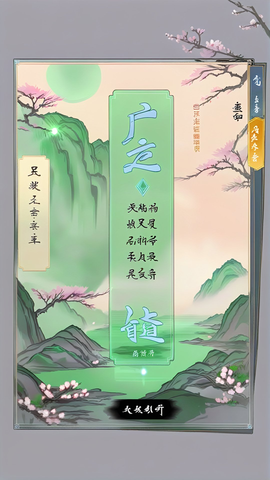 Ink brush game suspended crystal diamond frame, spring outing activity interface background is ink style landscape painting, showing green mountains and green water and leisurely pedestrians. In the background, peach blossoms and willows are carefully depicted, creating a fresh atmosphere of spring. At the top of the interface is an antique banner that reads "Spring Outing" in elegant cursive with a faint ink effect. The central area displays the missions and rewards for the spring event, with each mission presented in scroll form with an inky preview of the mission progress and rewards<lora:sdxl_21shuimojiemian:0.8>,