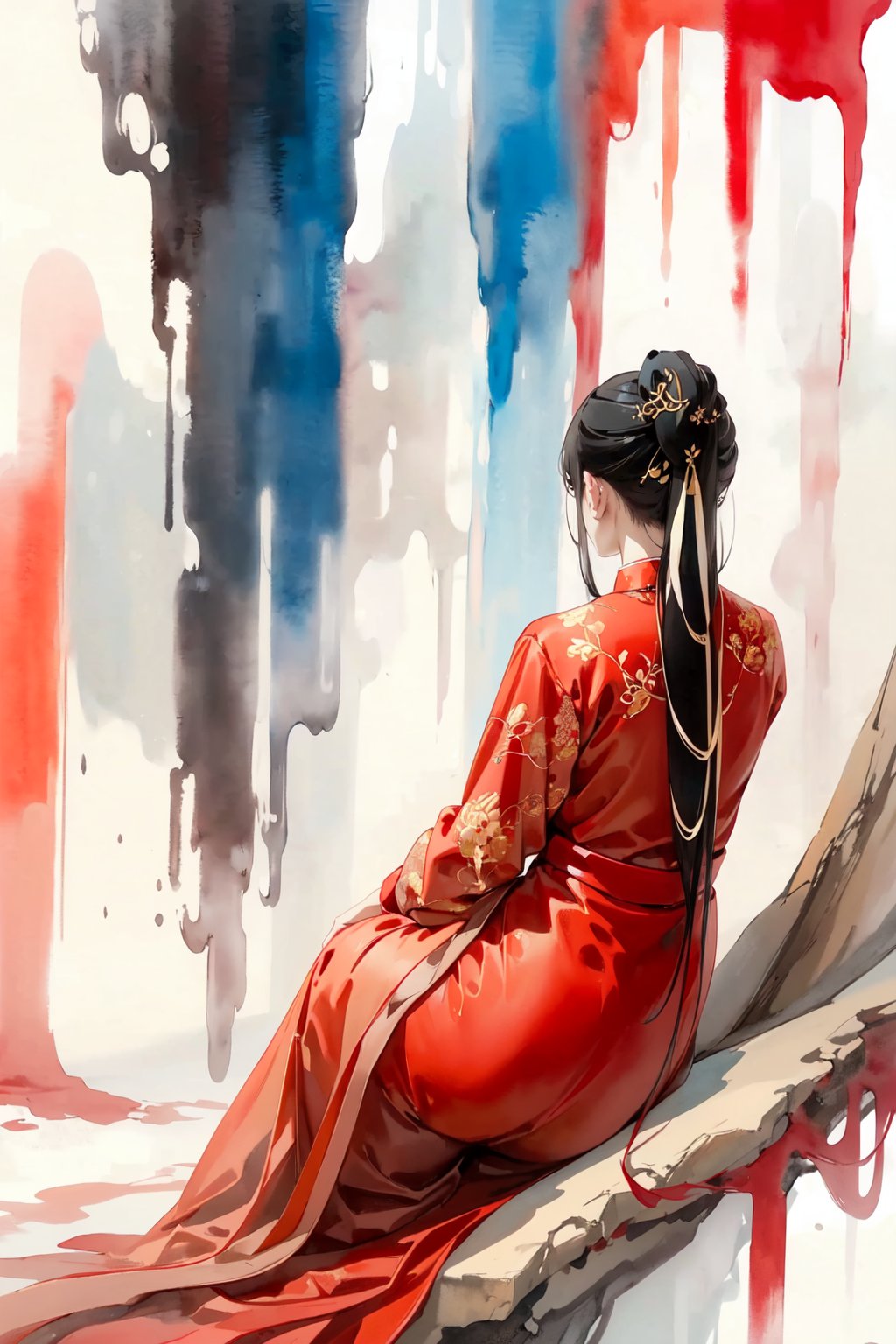 -Hanama wine, painting \(medium\), traditional media, black hair, watercolor \(medium\), long hair, chinese clothes, sitting, long sleeves, 1girl, 1boy, red dress, ponytail, dress, from behind, hair ornament,anime,<lora:Hanama wine V2-000018:0.8>,