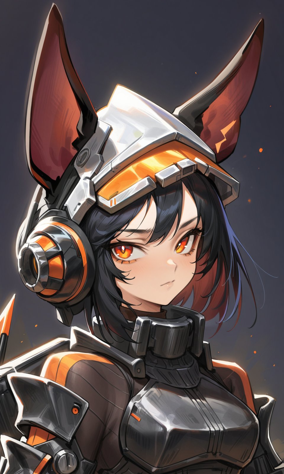 agoto, 1girl, solo, animal ears, black hair, helmet, standing, looking at viewer, orange eyes, upper body, portrait, masterpiece, best quality, very aesthetic, absurdres,<lora:Agoto_xl:1><lora:Fixhands_anime_bdsqlsz_V1:1>