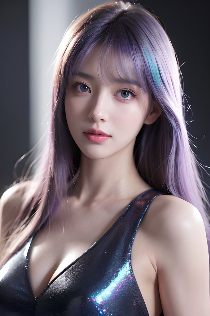 1girl, solo, blue eyes, hair over one eye, smile, looking at viewer, upper body,(holo hair), (close eyes),(purple|blue hair),breasts, lips, bangs, nose, closed mouth, medium breasts, realistic, simple background,(realistic:1.5),masterpiece, Extremely detailed CG unity 8k wallpaper, best quality, highres:1.2),(ultra_detailed, UHD:1.2),(pixiv:1.3),perfect illumination,distinct,unreal engine,sidelighting,perfect face,detailed face,beautiful eyes,pretty face,(bright skin:1.3),idol,ulzzang-6500-v1.1,soft smile,(simple background),(depth of field),(ringed eyes:1.4), (holo,holographic hair,holographic body),water, holo water,  <lora:YG极致写实极品美女:0.75>,