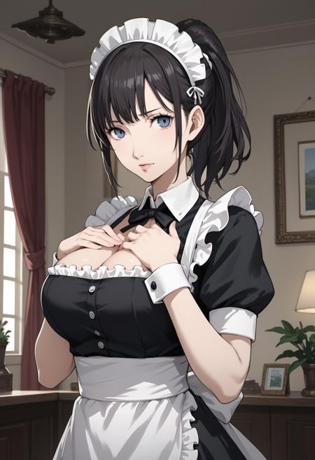 score_9, score_8_up, score_7_up, indoors, 1girl, solo, looking at viewer, maid headdress, black maid dress, ponytail, hand on own chest, large breasts,