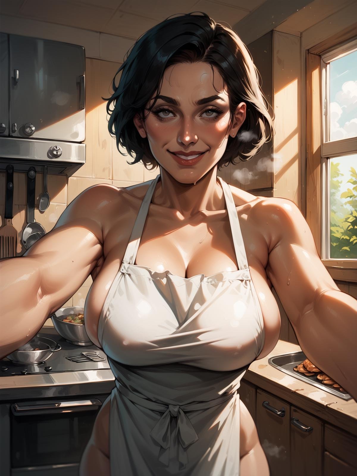 score_8_up, score_7_up, pov selfie, portrait of beautiful milf in white apron, smile, bare shoulders, short black hair, kitchen, window, steam