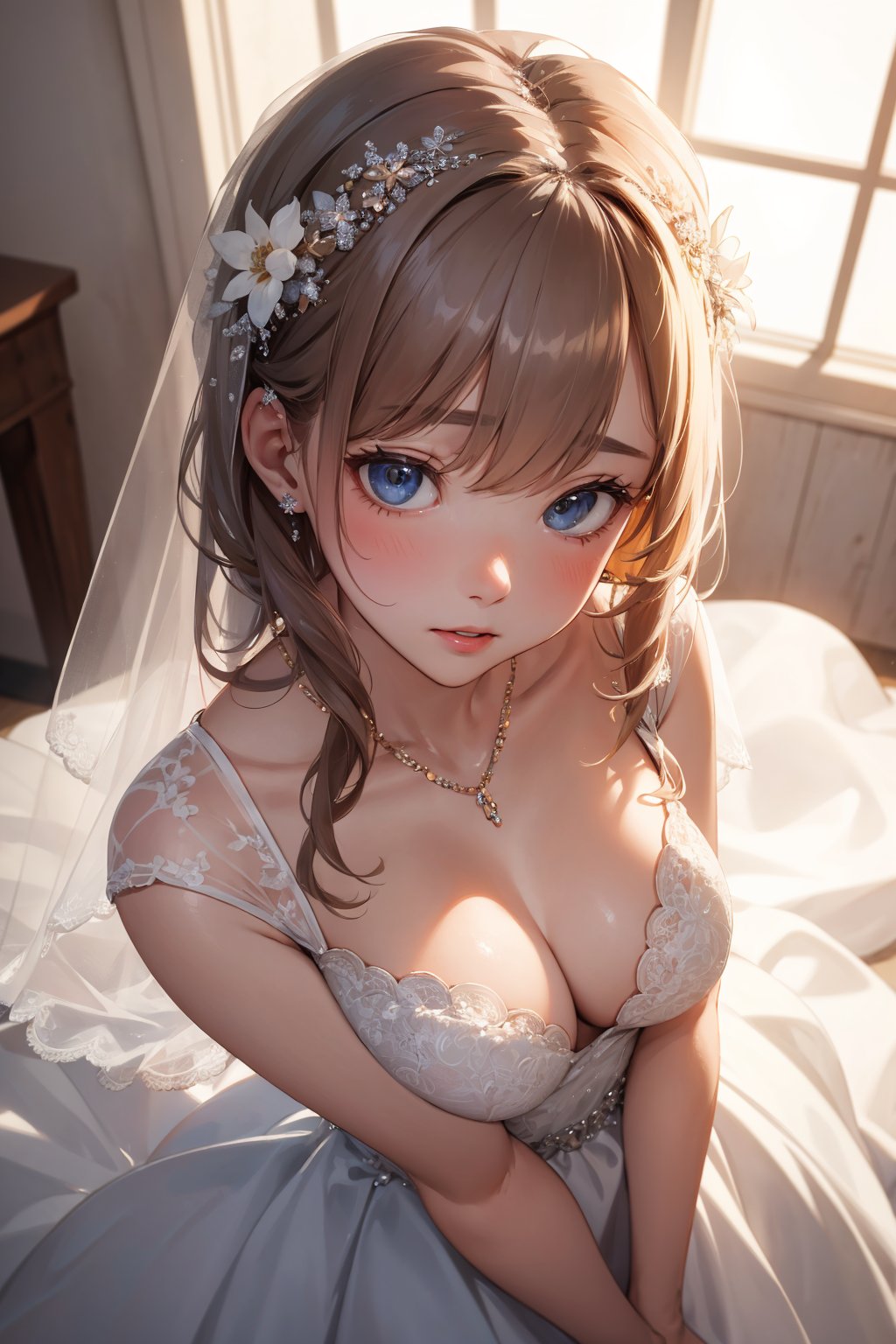 ((masterpiece)), ((best quality)), 8k, soft lighting, warm lighting, absurdres,Portrait of cute female wearing beautiful wedding dress looking at viewer (nervous:1.2) (from above:1.2)