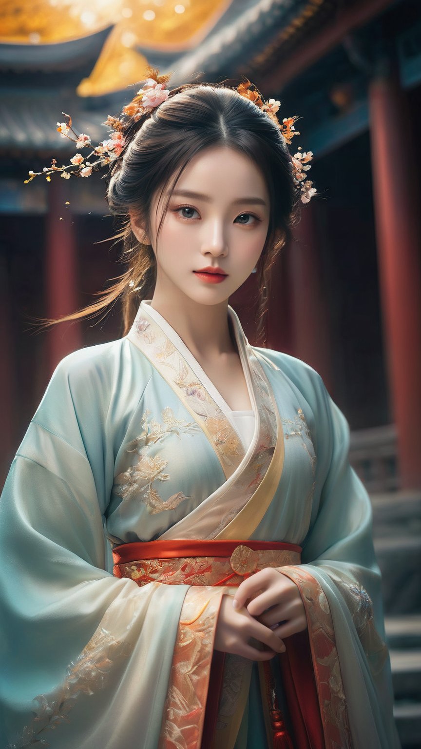 masterpiece, best quality, super wide angle, best fingers, facing viewer, full frontal, magnificent, celestial, ethereal, painterly, epic, majestic, magical, fantasy art, cover art, dreamy, elegant, cinematic, background illuminated, rich deep colors, ambient dramatic atmosphere, creative, perfect, beautiful composition, intricate, detailed1girl, hanfu, 