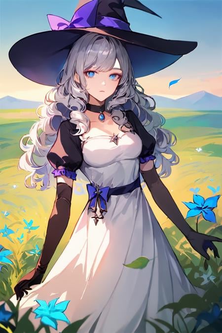 score_9, score_8_up, score_7_up, 1girl, witch hat, hat, solo, long hair, flower, dress, choker, puffy sleeves, looking at viewer, grass, white dress, bow, hat bow, white hair, black choker, plant, outdoors, blue eyes, purple eyes, black headwear, bangs, long sleeves, gloves, witch, blue bow, wavy hair, short sleeves, puffy short sleeves, elbow gloves, black gloves, standing, field, grey hair, sky, purple bow, breasts, curly hair, parted lips, expressionless, cowboy shot, closed mouth, leaf <lora:Anime Style 2 SDXL_LoRA_Pony Diffusion V6 XL:1>