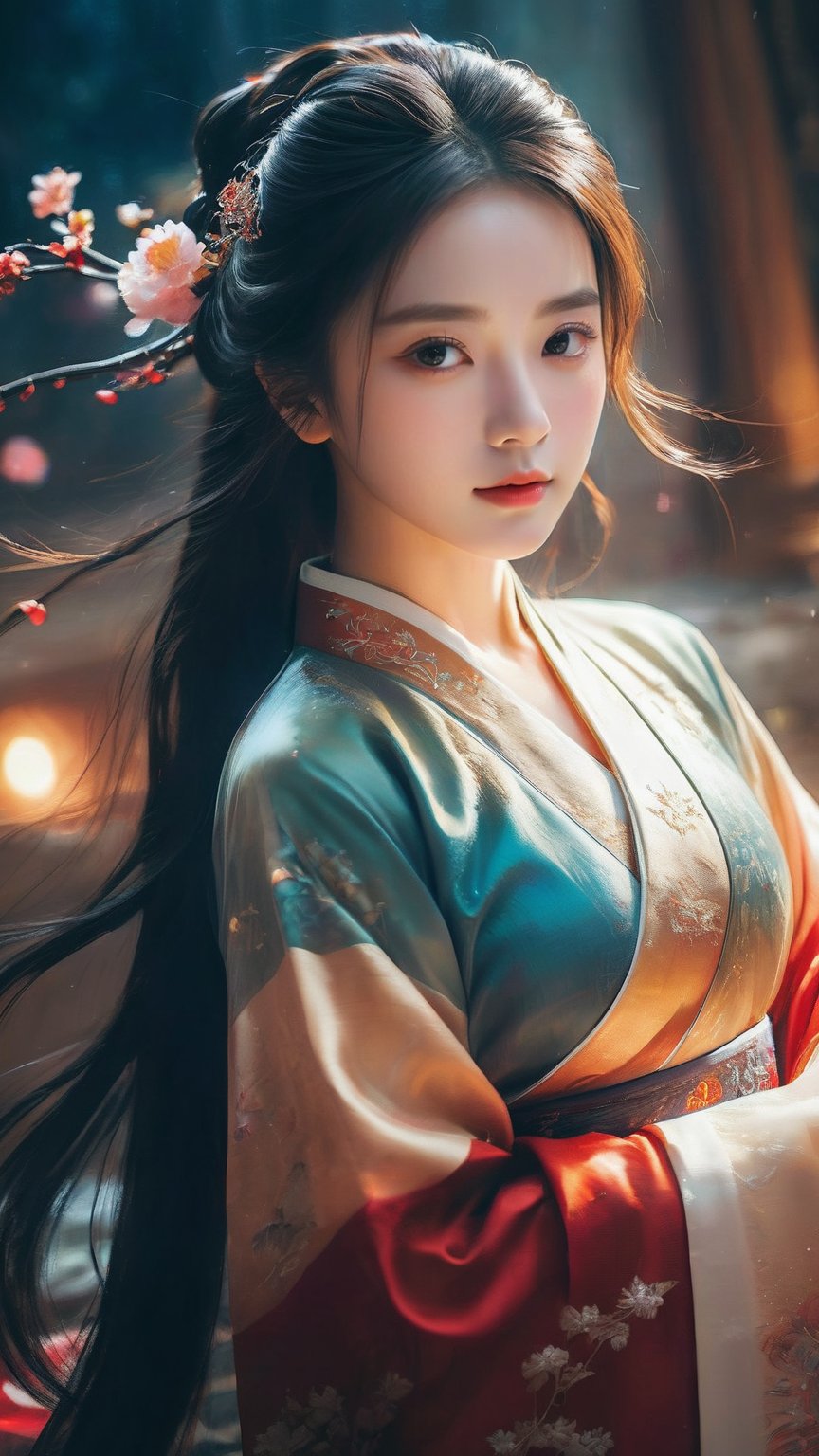 masterpiece, best quality, super wide angle, best fingers, facing viewer, full frontal, magnificent, celestial, ethereal, painterly, epic, majestic, magical, fantasy art, cover art, dreamy, elegant, cinematic, background illuminated, rich deep colors, ambient dramatic atmosphere, creative, perfect, beautiful composition, intricate, detailed1girl, hanfu, 