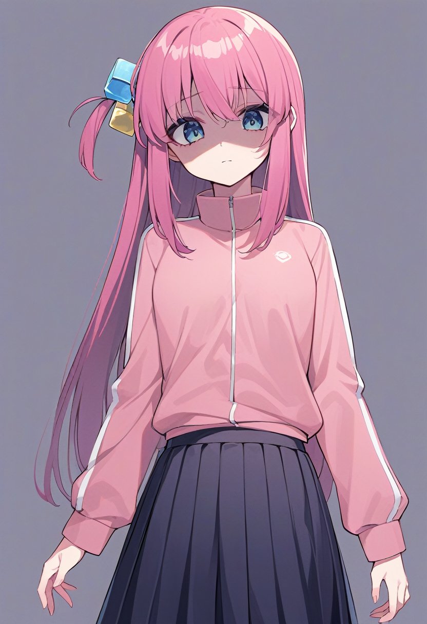 solo, 1girl, gotohdef, shaded face, expressionless, looking at viewer, one side up, cube hair ornament, pink jacket, track jacket, long sleeves, skirt <lora:bocchi_gotoh_xl-000004:1>