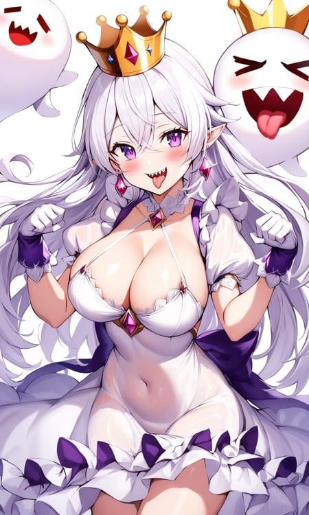 1girl, sensitive, boo, mario, princess king boo, long hair, breasts, looking at viewer, blush, smile, open mouth, large breasts, gloves, dress, hair between eyes, cleavage, jewelry, very long hair, purple eyes, white hair, short sleeves, earrings, frills, teeth, tongue, pointy ears, puffy sleeves, white gloves, tongue out, white dress, puffy short sleeves, see-through, covered navel, frilled dress, sharp teeth, crown, super crown, ghost pose