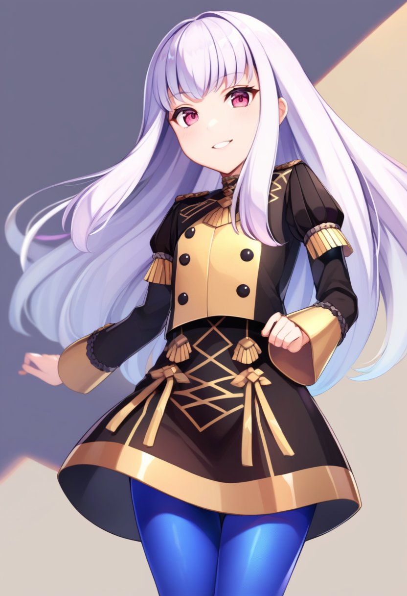 solo, 1girl, lysitheauniform, smile, looking at viewer, standing, uniform, long sleeves, blue pantyhose <lora:fireemblem_ordelia_xl-000005:1>